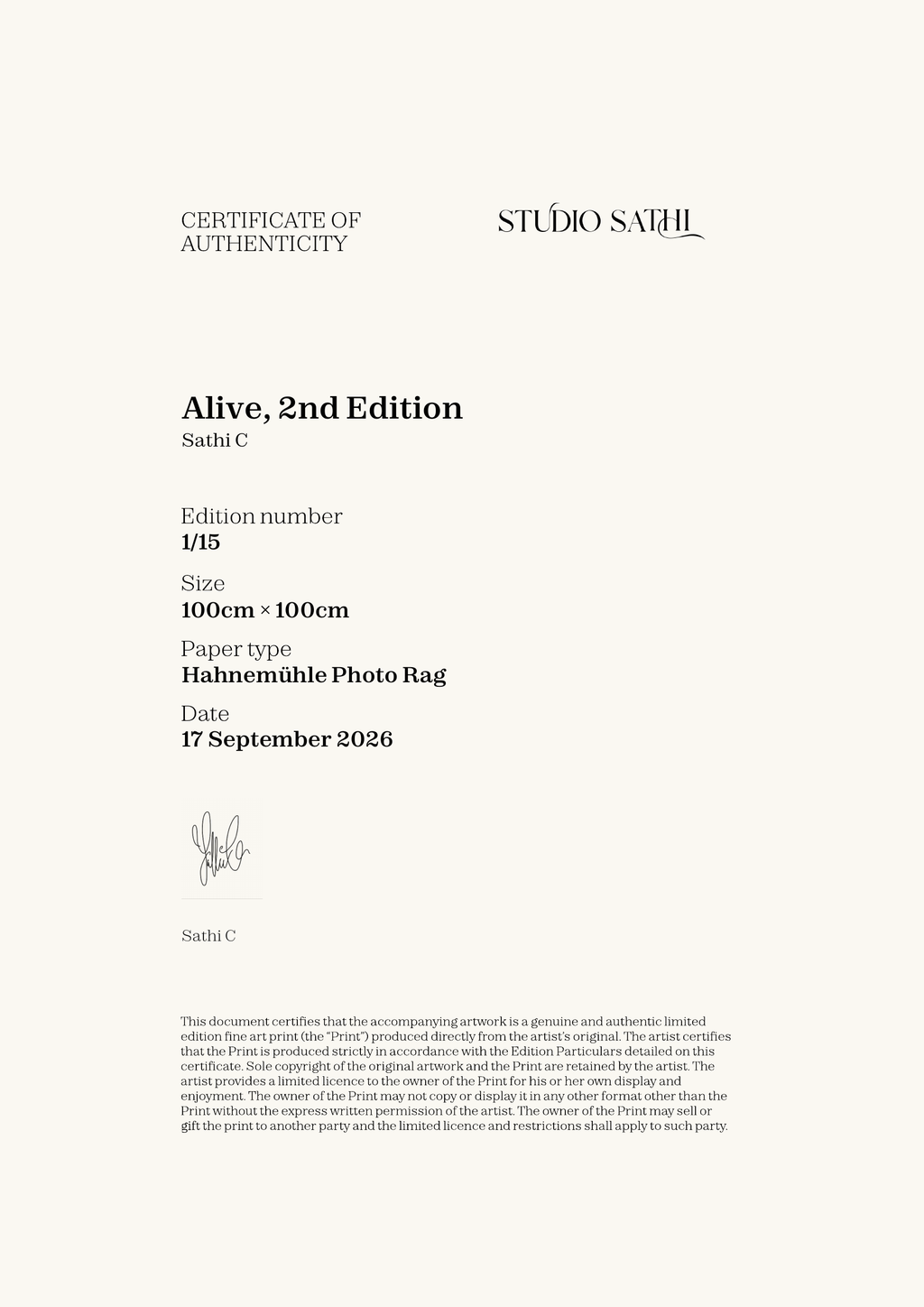 Alive, 2nd Edition — Certificate of Authenticity