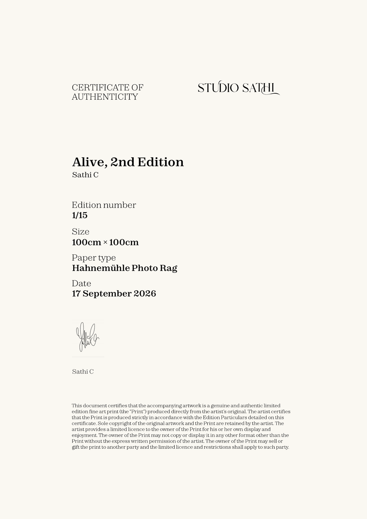 Alive, 2nd Edition — Certificate of Authenticity