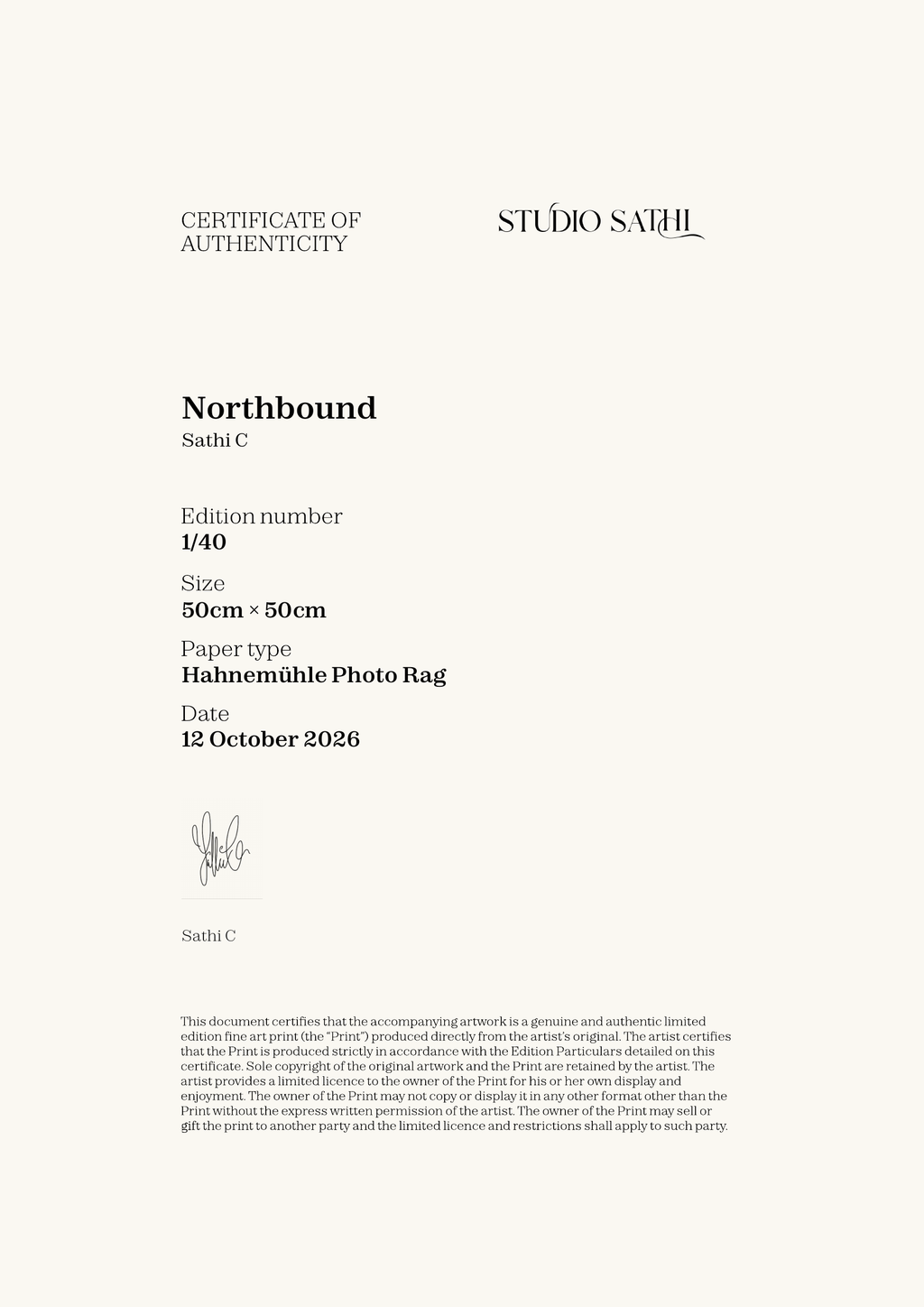 Northbound — Certificate of Authenticity