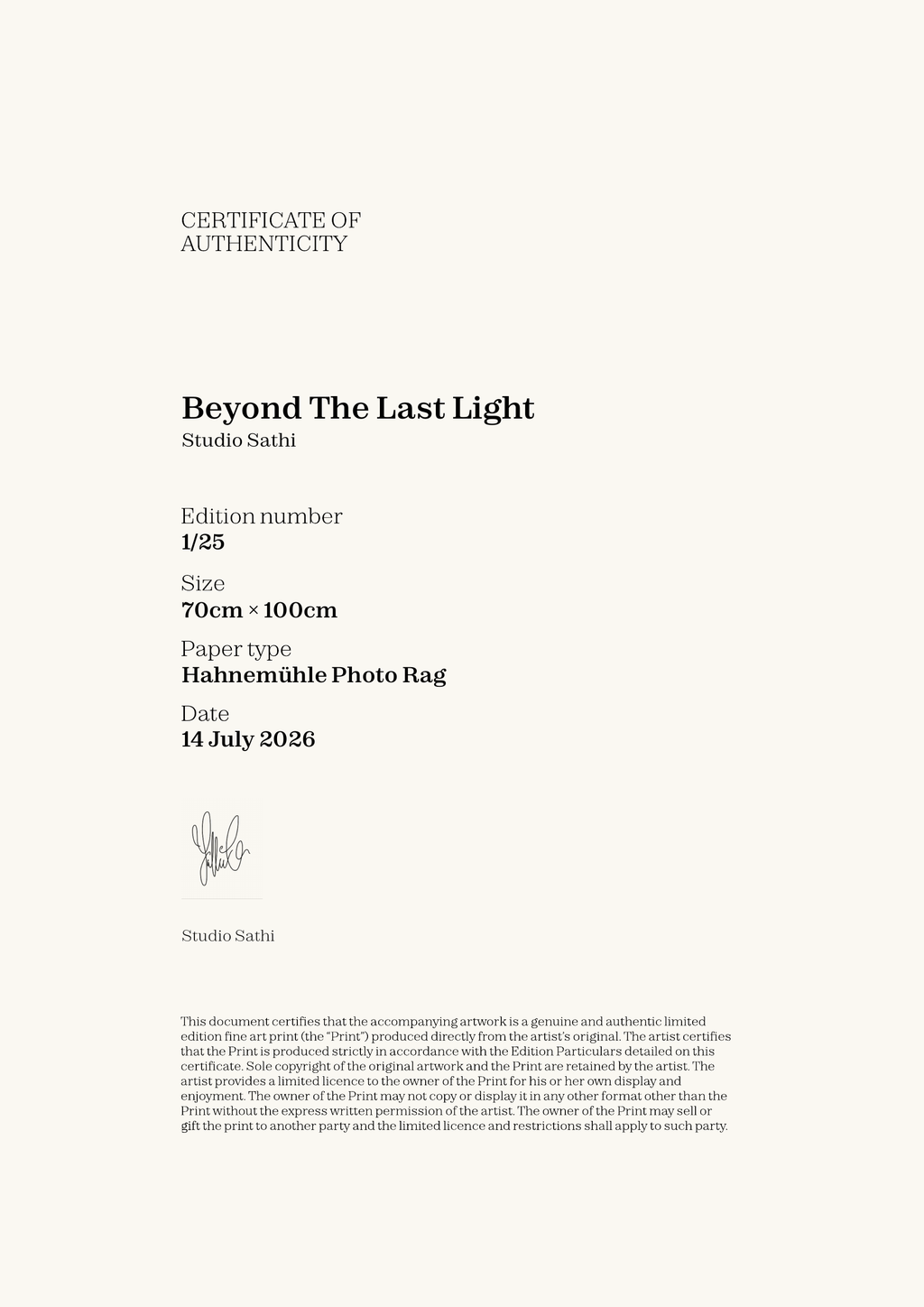 Beyond The Last Light — Certificate of Authenticity
