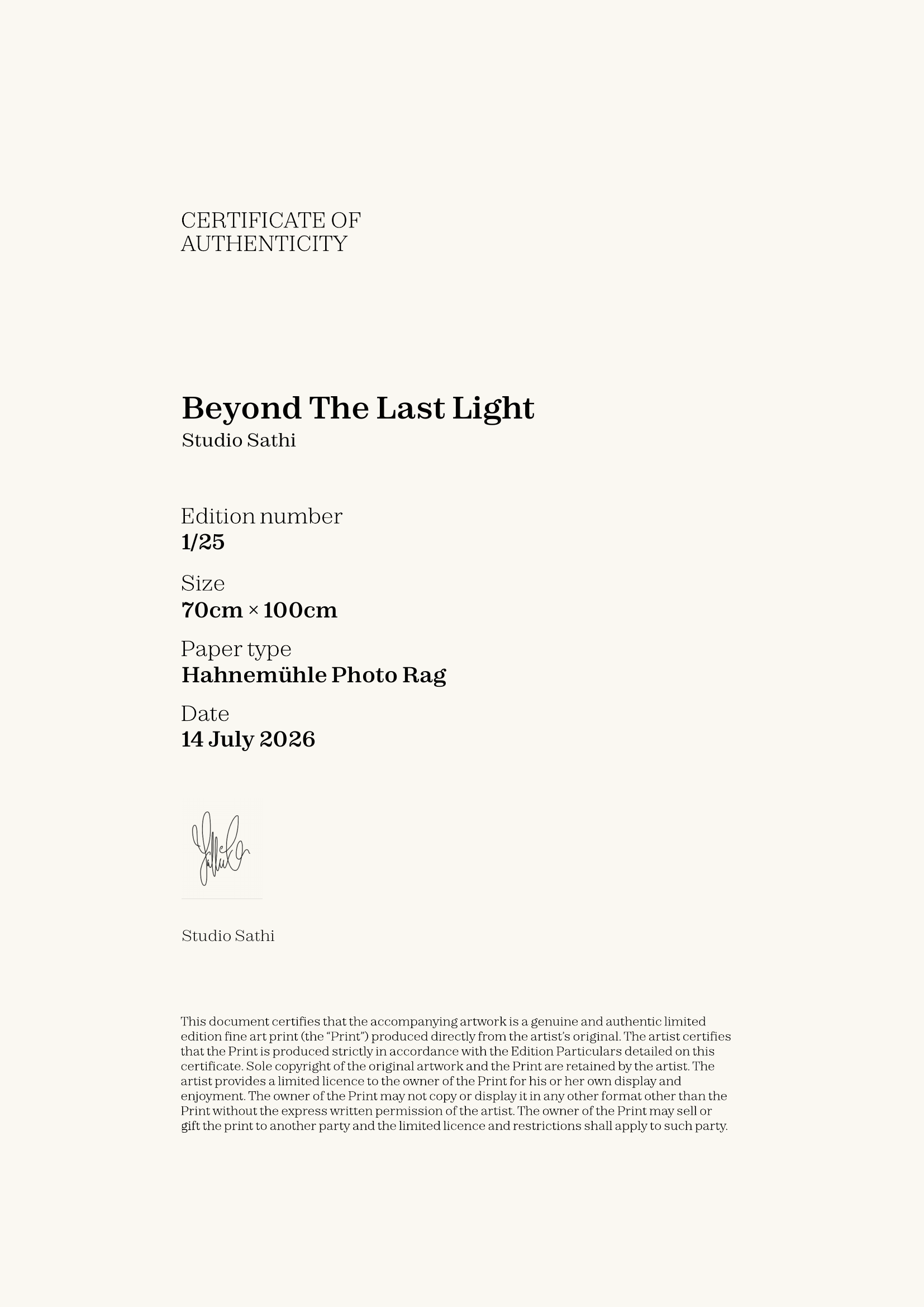 Beyond The Last Light — Certificate of Authenticity