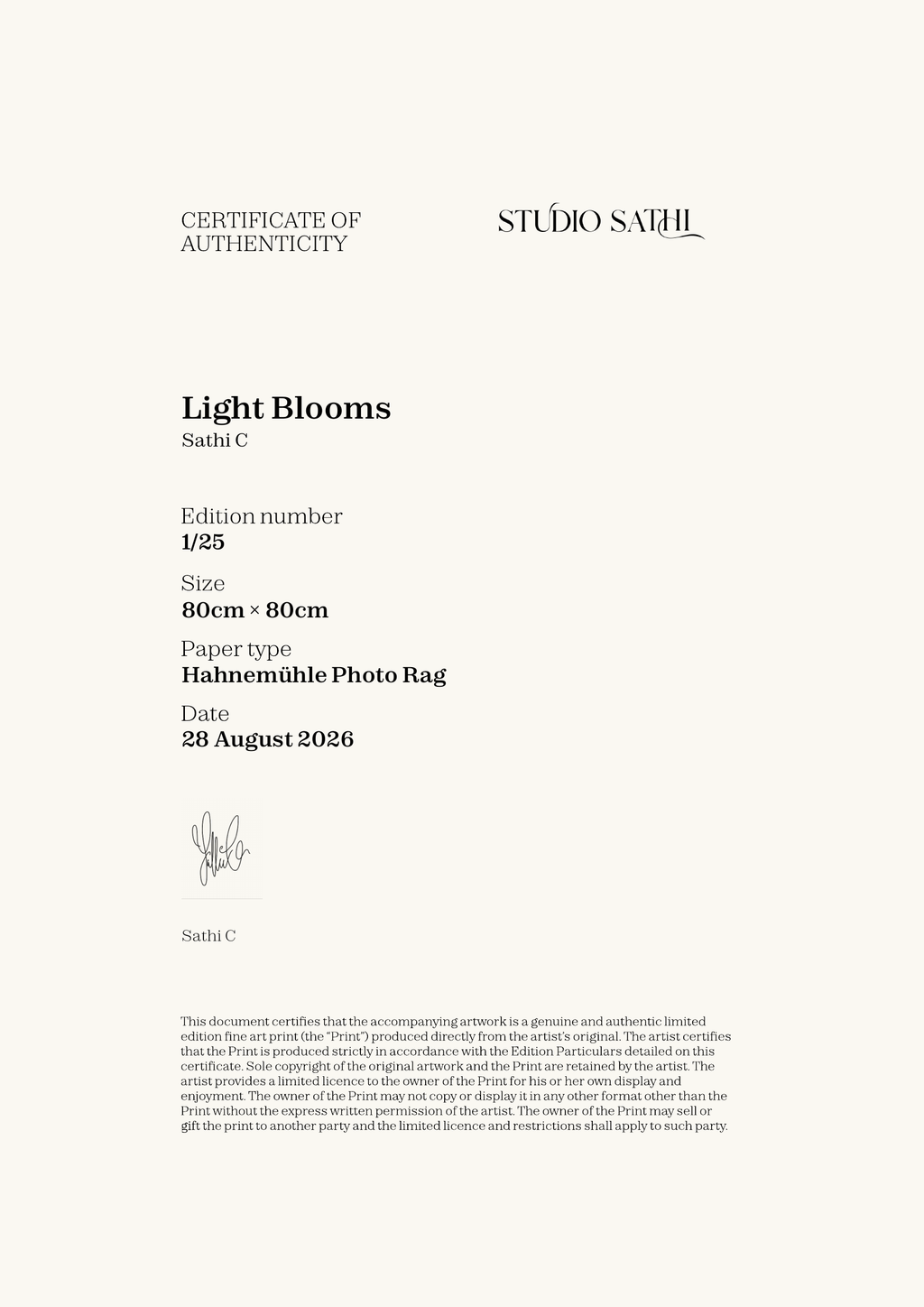 Light Blooms — Certificate of Authenticity