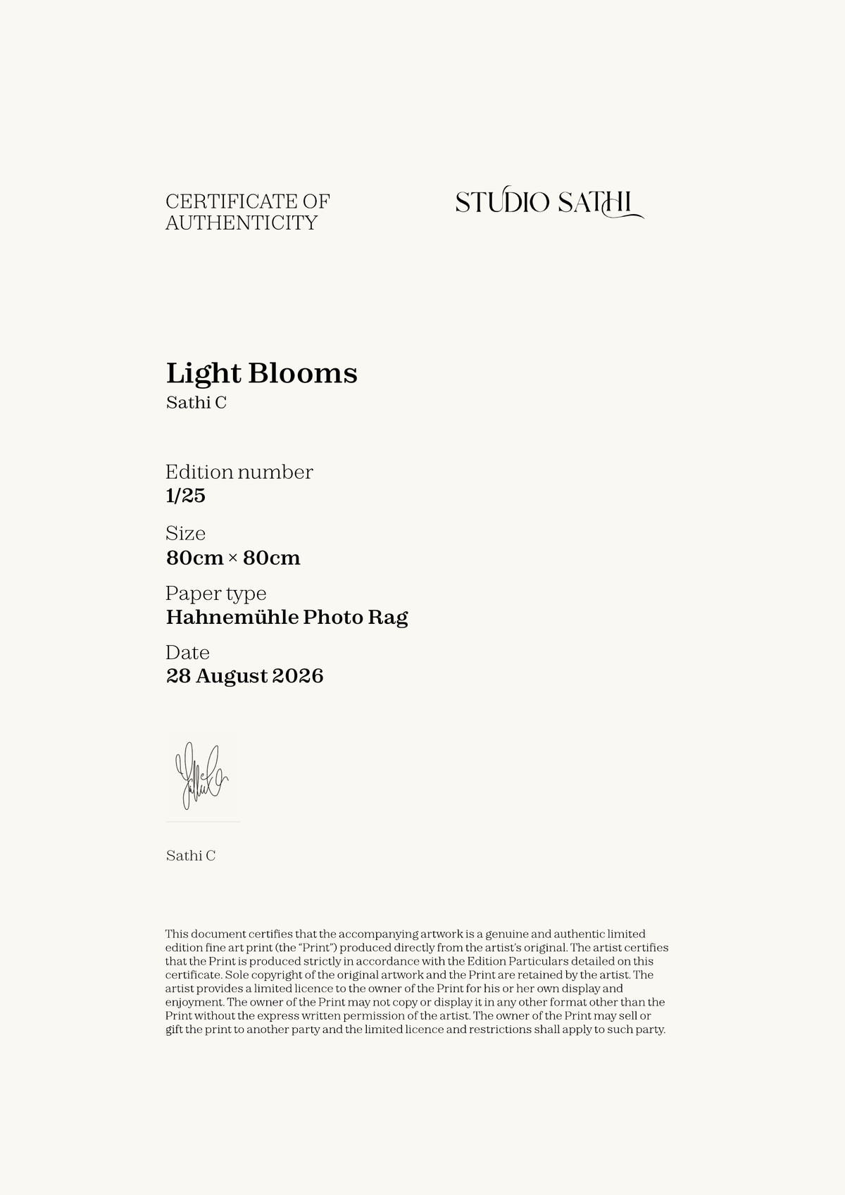 Light Blooms — Certificate of Authenticity