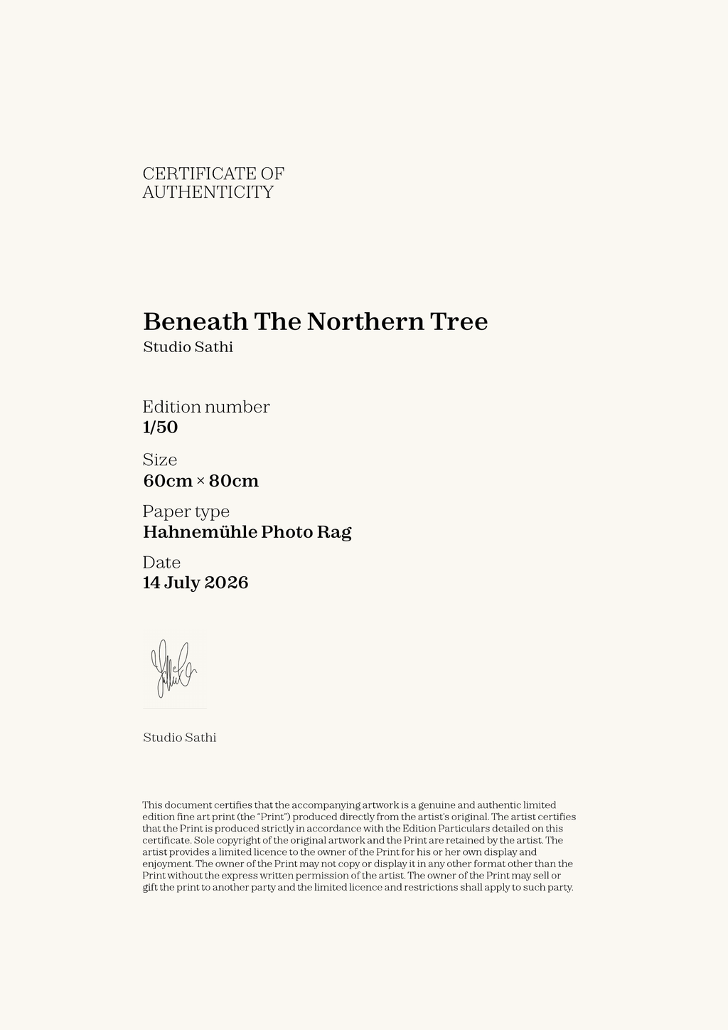 Beneath The Northern Tree — Certificate of Authenticity