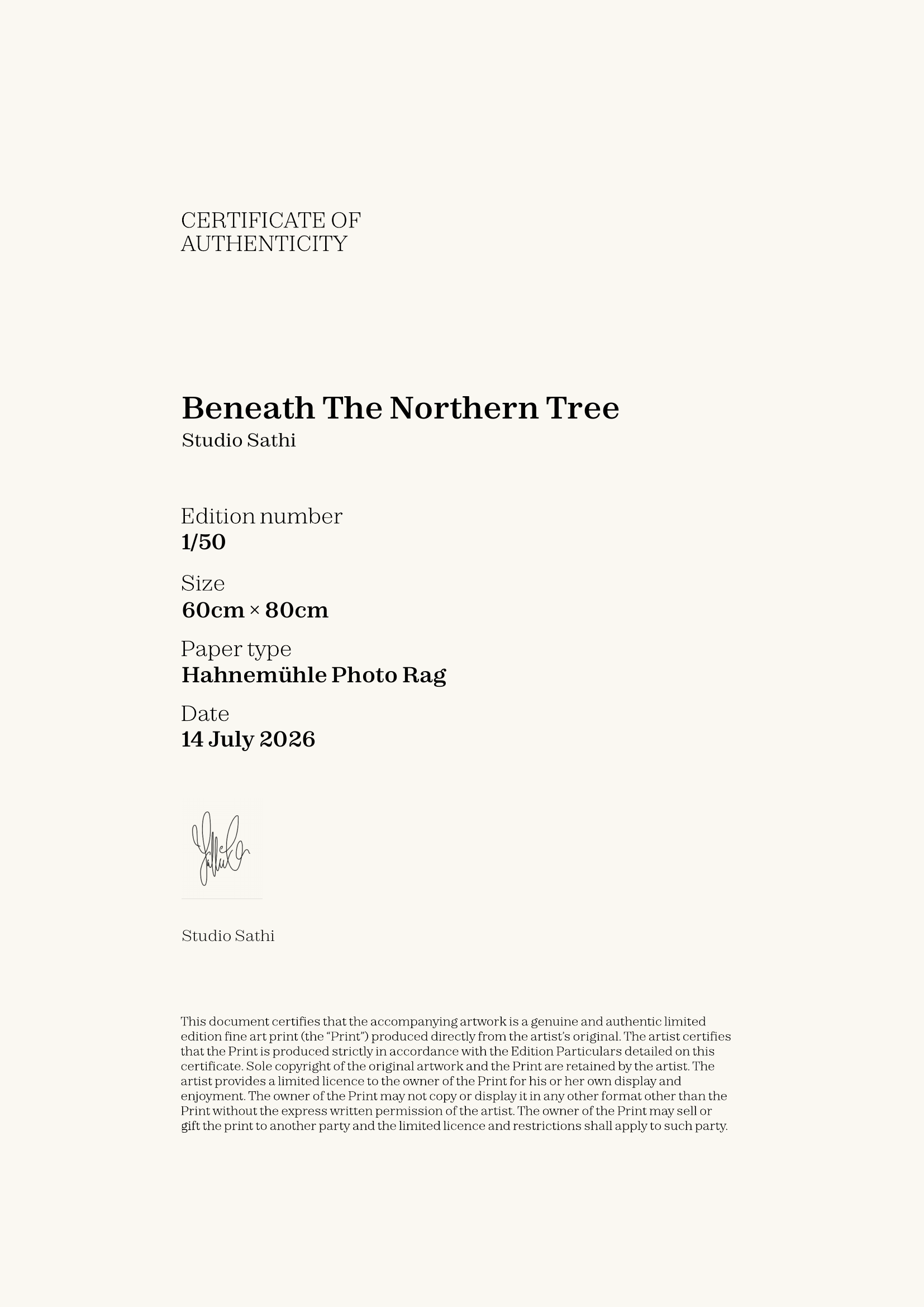 Beneath The Northern Tree — Certificate of Authenticity