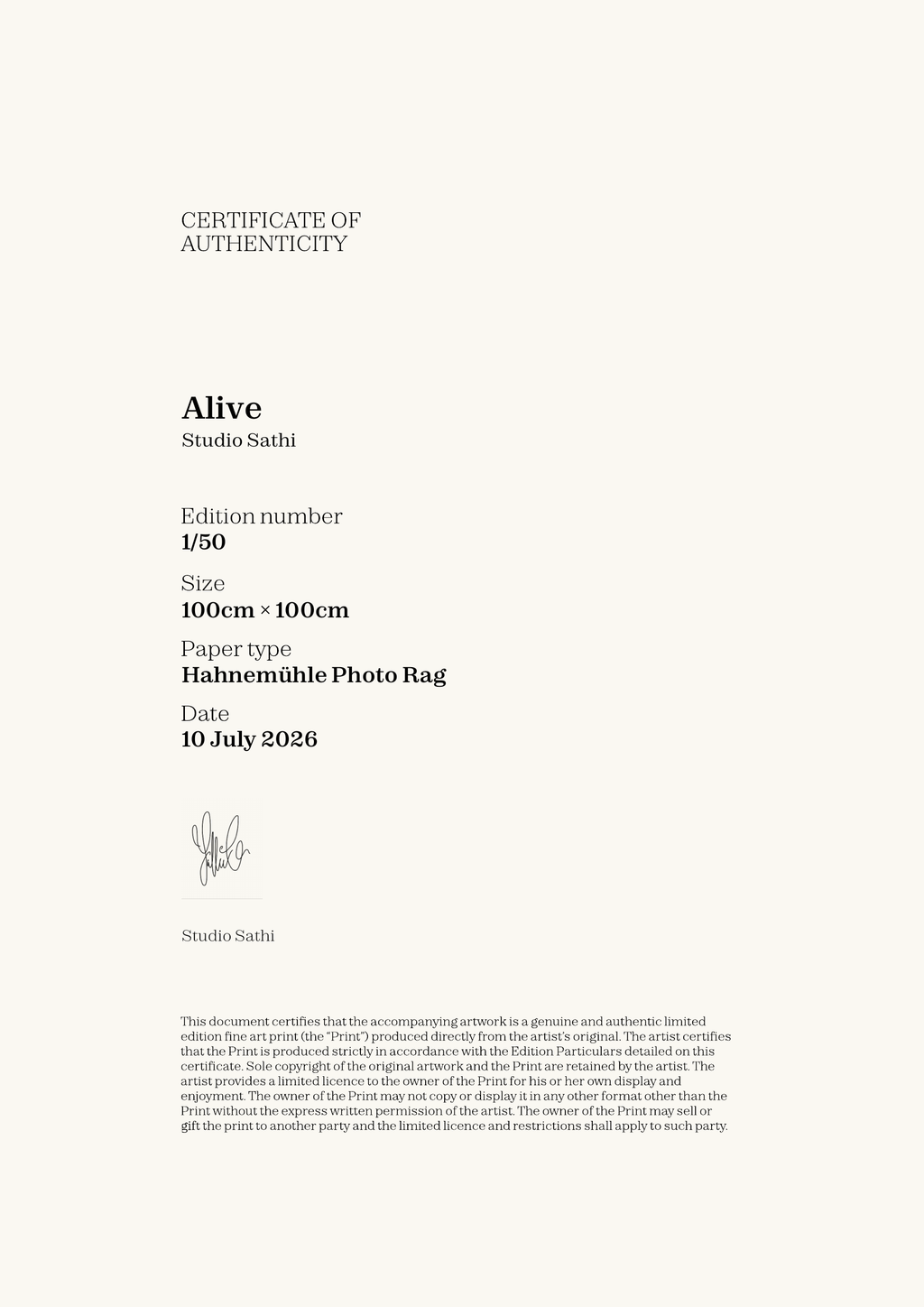 Alive — Certificate of Authenticity