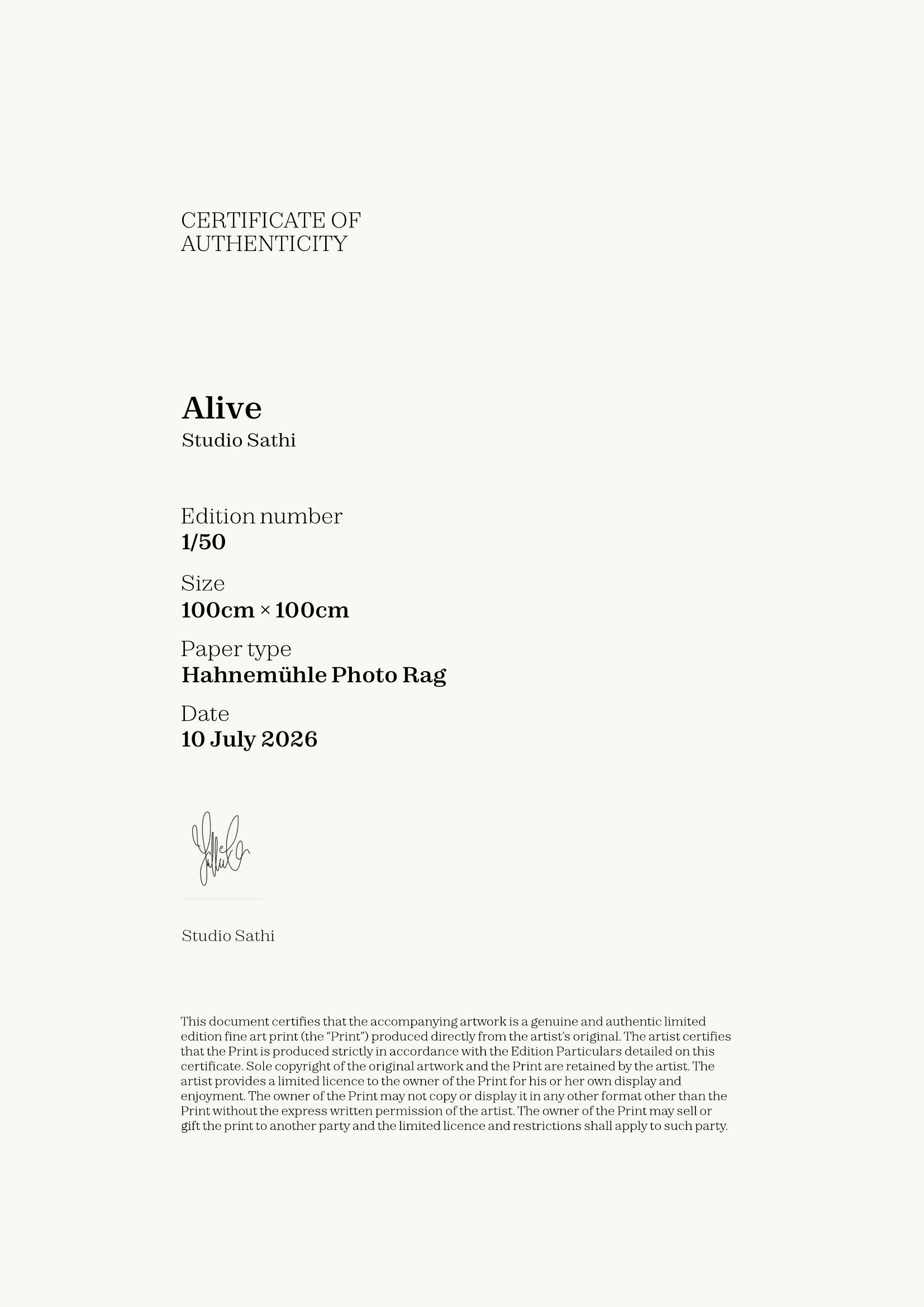 Alive — Certificate of Authenticity
